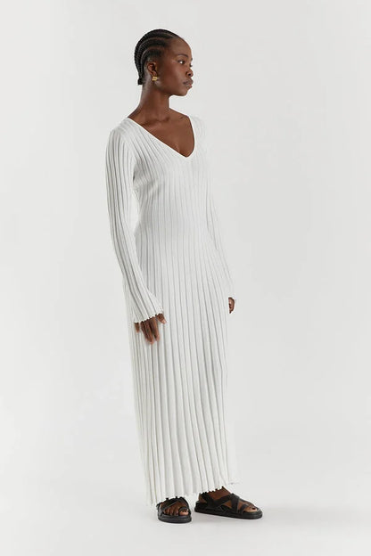 V-Neck Sleeved Knit Dress