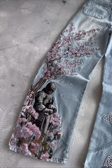 Samurai Blossom Embroidered Wide Leg Jeans