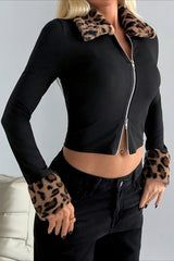 Fur Collar Leopard Print Double Zipper Knit Coat