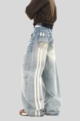 Striped Side Panel Wide Leg Jeans
