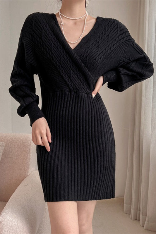 Sexy V Neck Cross Collar Off Shoulder Cable Ribbed Bodycon Sweater Dress