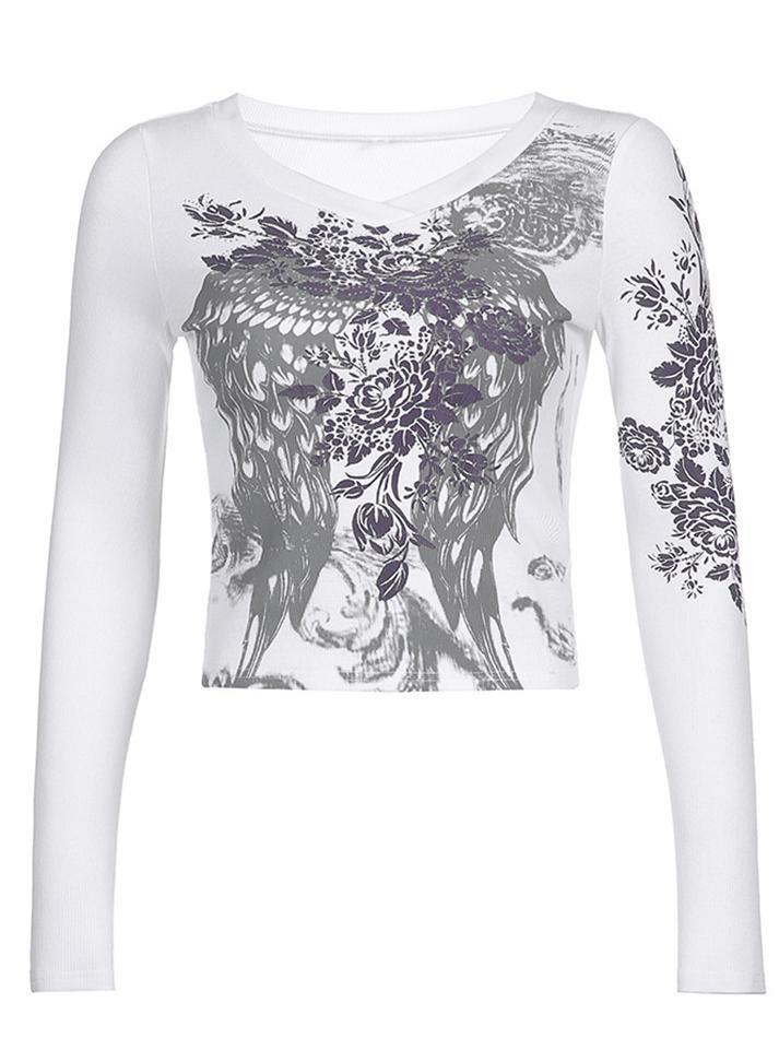 Floral Rhinestone Long Sleeve Crop Top Tops&Tees