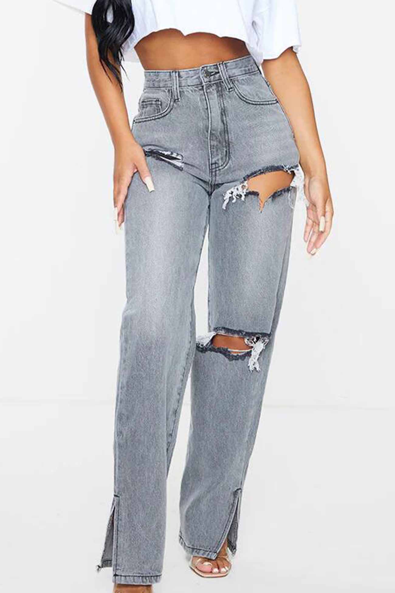 Ripped Slit High Waist Flared Jeans