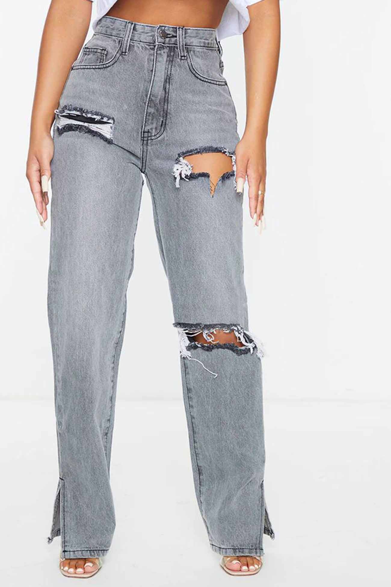 Ripped Slit High Waist Flared Jeans