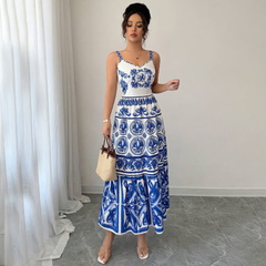 Wendy - Blue Print Sling Maxi Dress