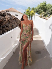 Sleeveless Floral Print High Waist Split Maxi Dress