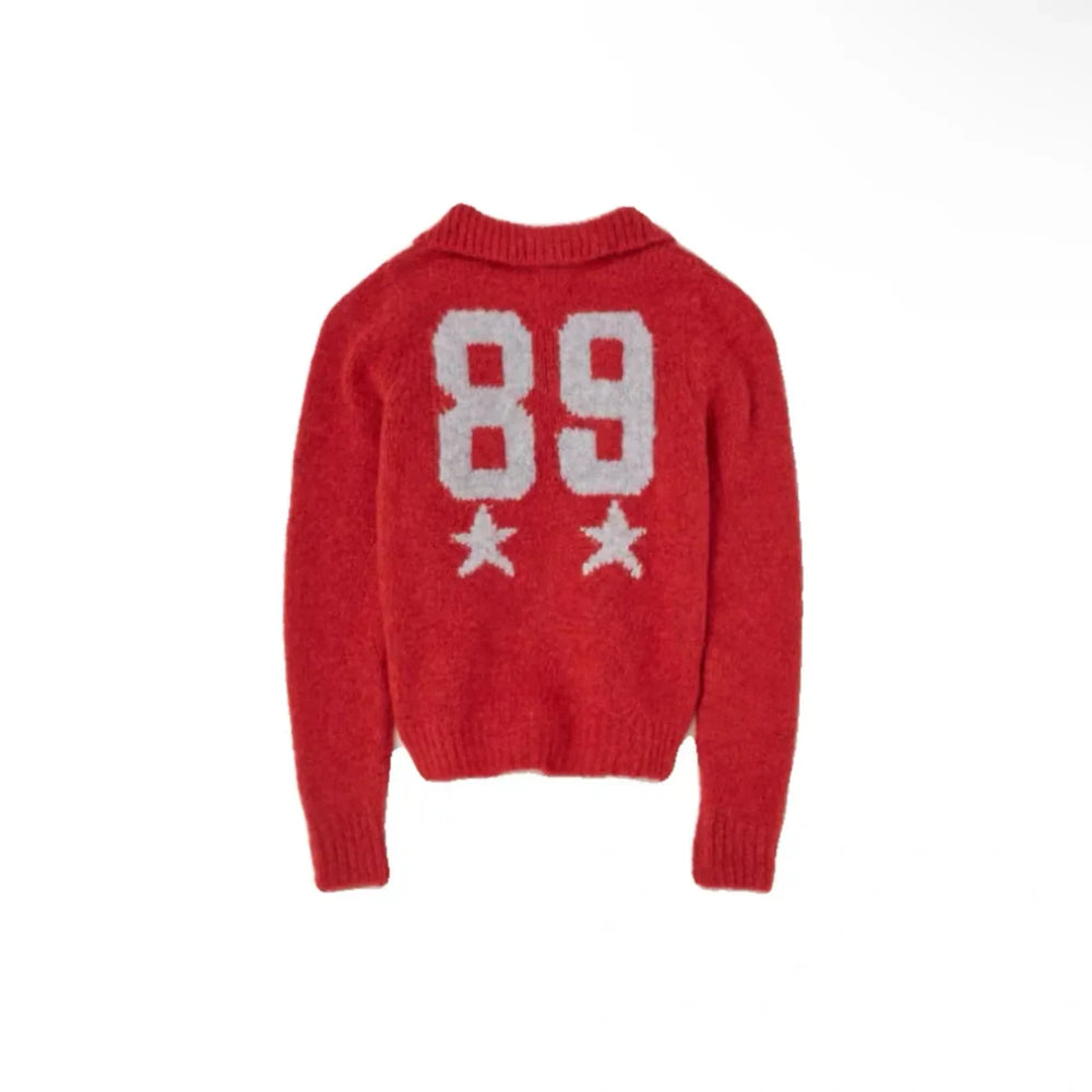 Red Wool Blend Knitted Crochet Letter Lapel Casual Christmas Sweater / S Sweaters-L