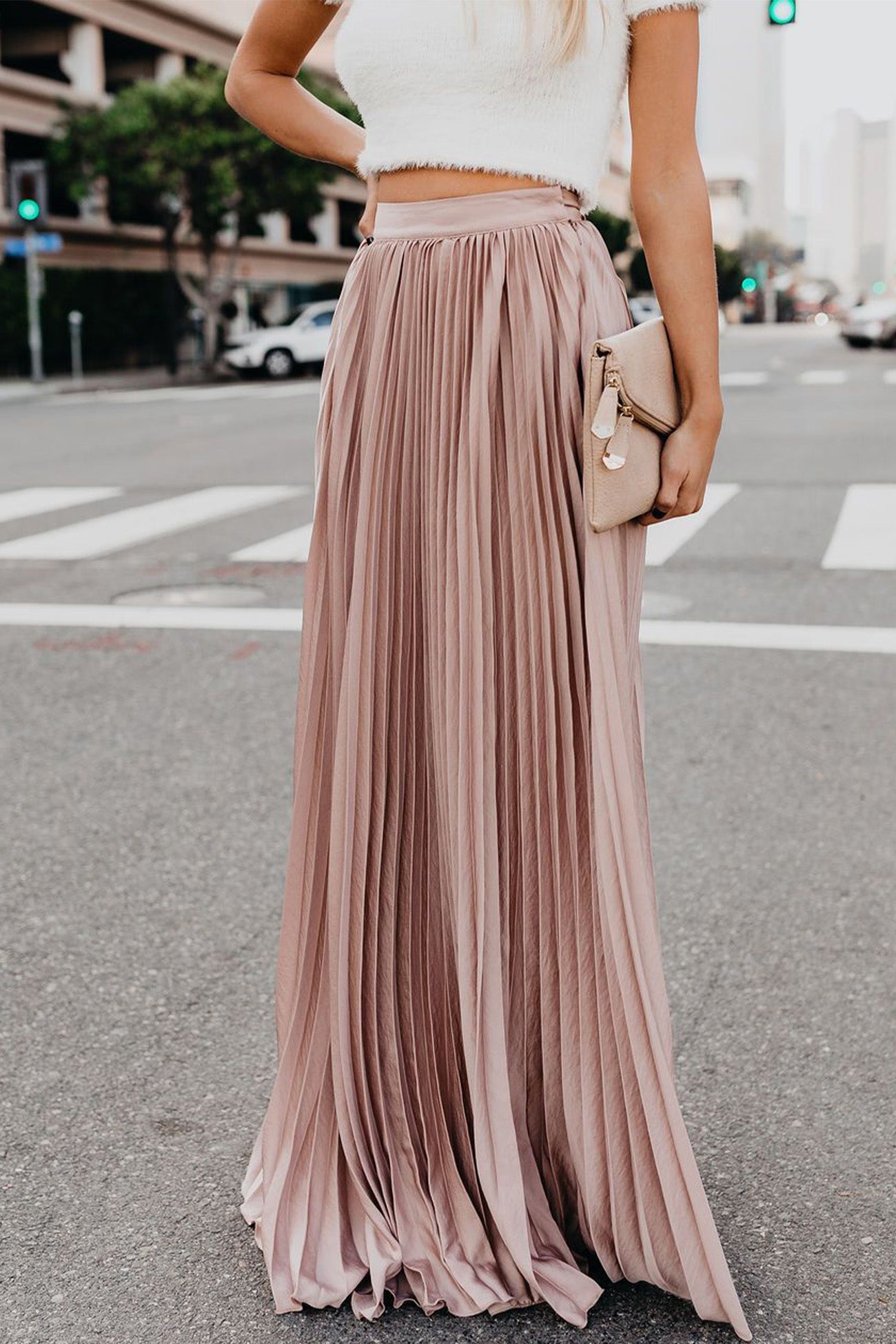 Solid Color High Waist Pleated Maxi Skirt