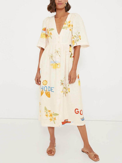Unique Holiday Folk Floral Graceful Print Puff Sleeve Midi Dress