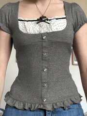 Ruffle Patchwork Buttoned Knit Top Sweaters