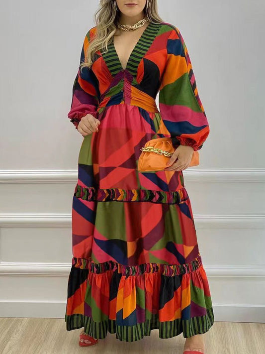 Printed V-Neck Long Dress