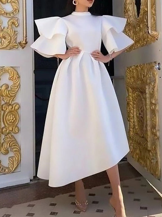Solid Double Ruffle Sleeve Dress