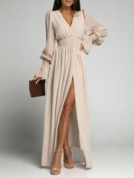 V-Neck Elastic Waist Long Slit Dress