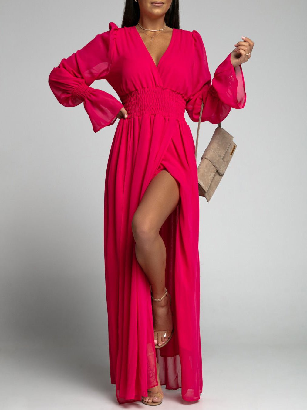 V-Neck Elastic Waist Long Slit Dress