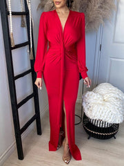 V Neck Long Sleeve Slim Fit Dress