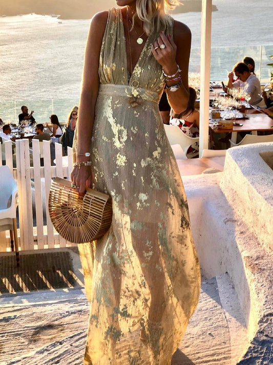 V-Neck Print Hot Stamping Dress