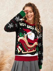 Santa Claus Pattern Long Sleeve Casual Loose Round Neck Christmas Sweater Sweaters-L