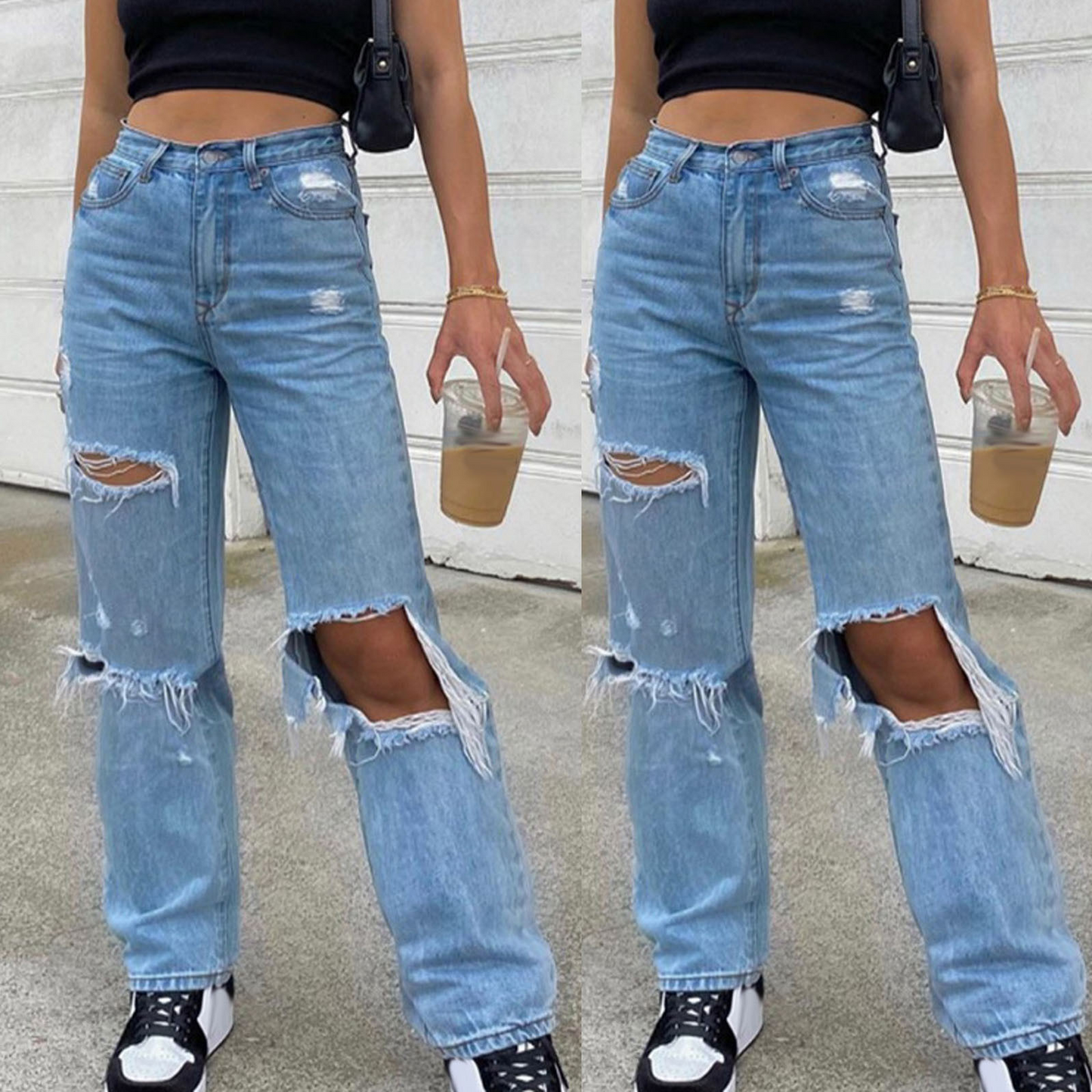 CityHottie - Baggy Jeans Straight Leg Ripped Jeans For Women Fashion Loose High Streetwear Women High Waist Pants Hole Boyfriend Trousers