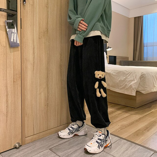 CityHottie - Trendy Loose Corduroy Bear Guard Pants Spring and Autumn Pants Male Ins Hong Kong Wind All-match Casual Pants Street Wear Pants
