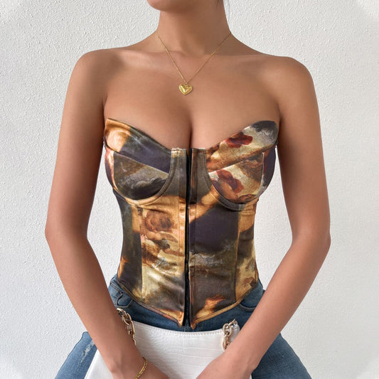 Lace up back button print heart neck bustier tube top