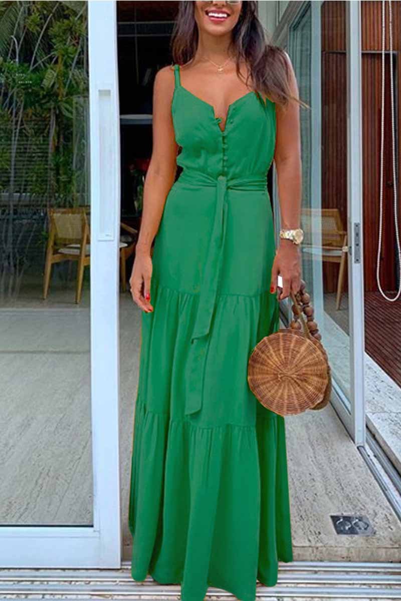 CityHottie Button V-Neck Maxi Dress With Belt(3 Colors)