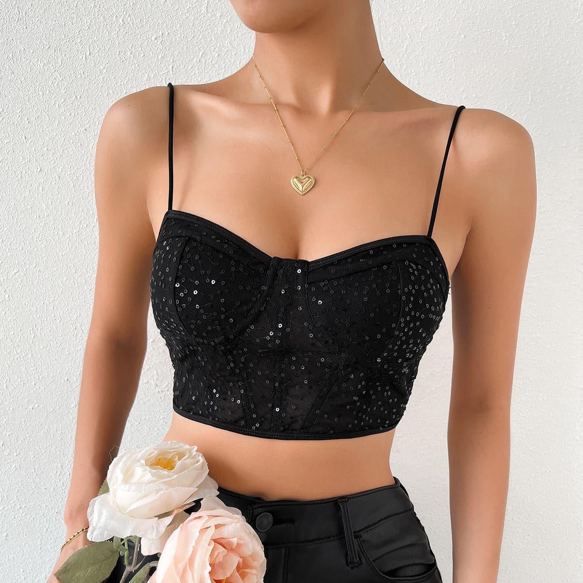 Spaghetti strap button glitter bustier cami top