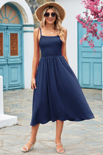 Smocked Spaghetti Strap Midi Dress Dark Navy casual dress casual dresses clothes dress dresses Mandy midi dress midi dresses Ship From Overseas