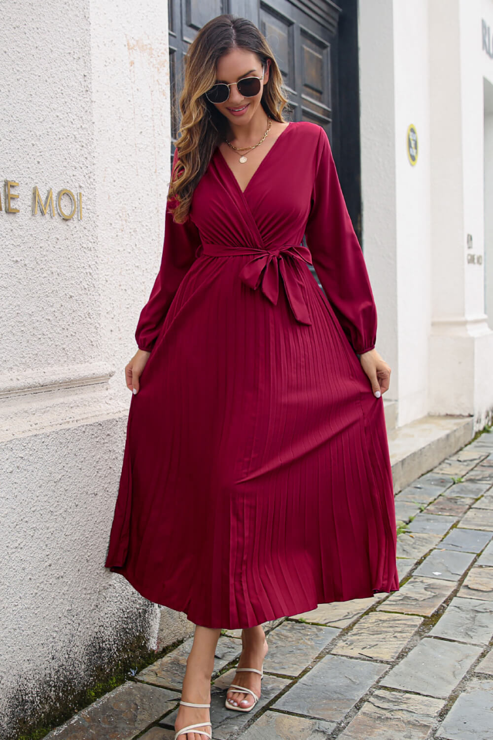 Pleated Long Sleeve Surplice Maxi Midi Dress Wine B.J.S casual dress casual dresses clothes dress dresses long sleeve dress long sleeve dresses midi dress midi dresses Ship From Overseas