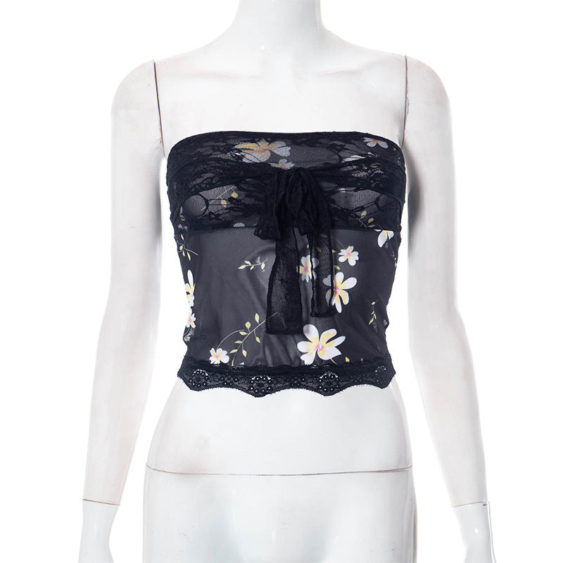 Sheer mesh lace self tie front floral print tube top