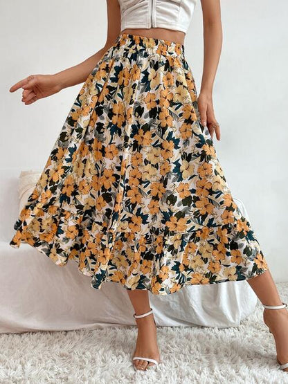 Printed Ruffle Hem Midi Skirt Pastel Yellow bottoms clothes midi skirts Ship From Overseas skirt skirts Women's Bottoms Y@X@N@H