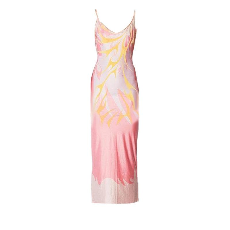 Low-cut print backless cami midi dress - Halibuy