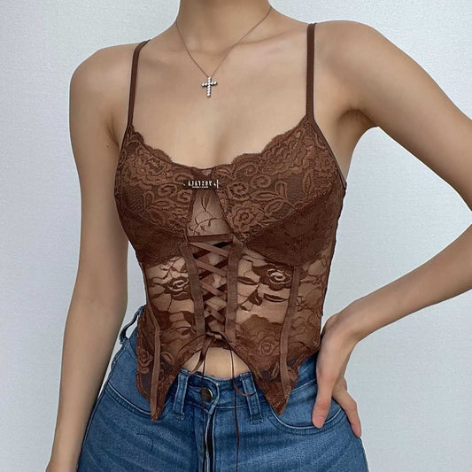 Lace metal tag low cut lace up backless cami crop top