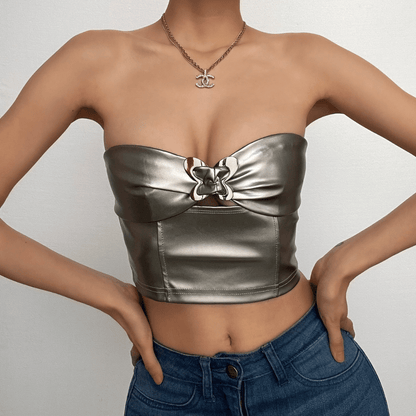 Solid metallic sleeveless zip-up hollow out buckle tube top