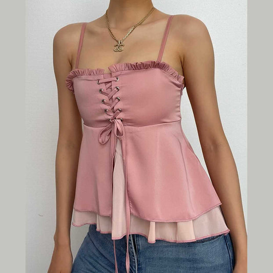 Chiffon patchwork square neck ruffle lace up cami top - Final Sale