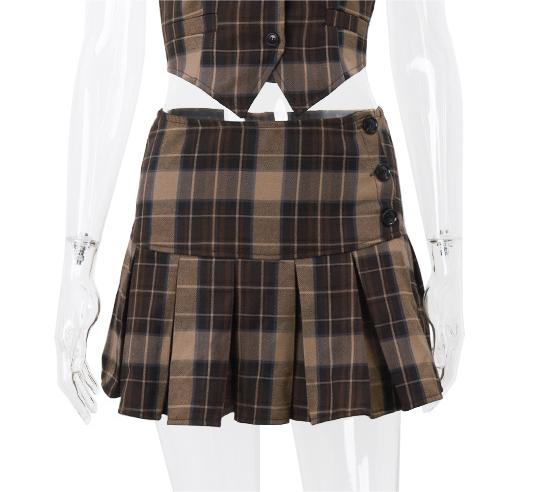 Sexy Two Piece Suit Summer Sexy Retro Plaid Vest Graceful Pleated Skirt Set Brown Skirt 2 pieces bottoms clothes sets skirt set skirts