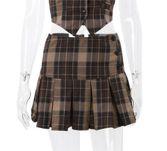 Sexy Two Piece Suit Summer Sexy Retro Plaid Vest Graceful Pleated Skirt Set Brown Skirt 2 pieces bottoms clothes sets skirt set skirts
