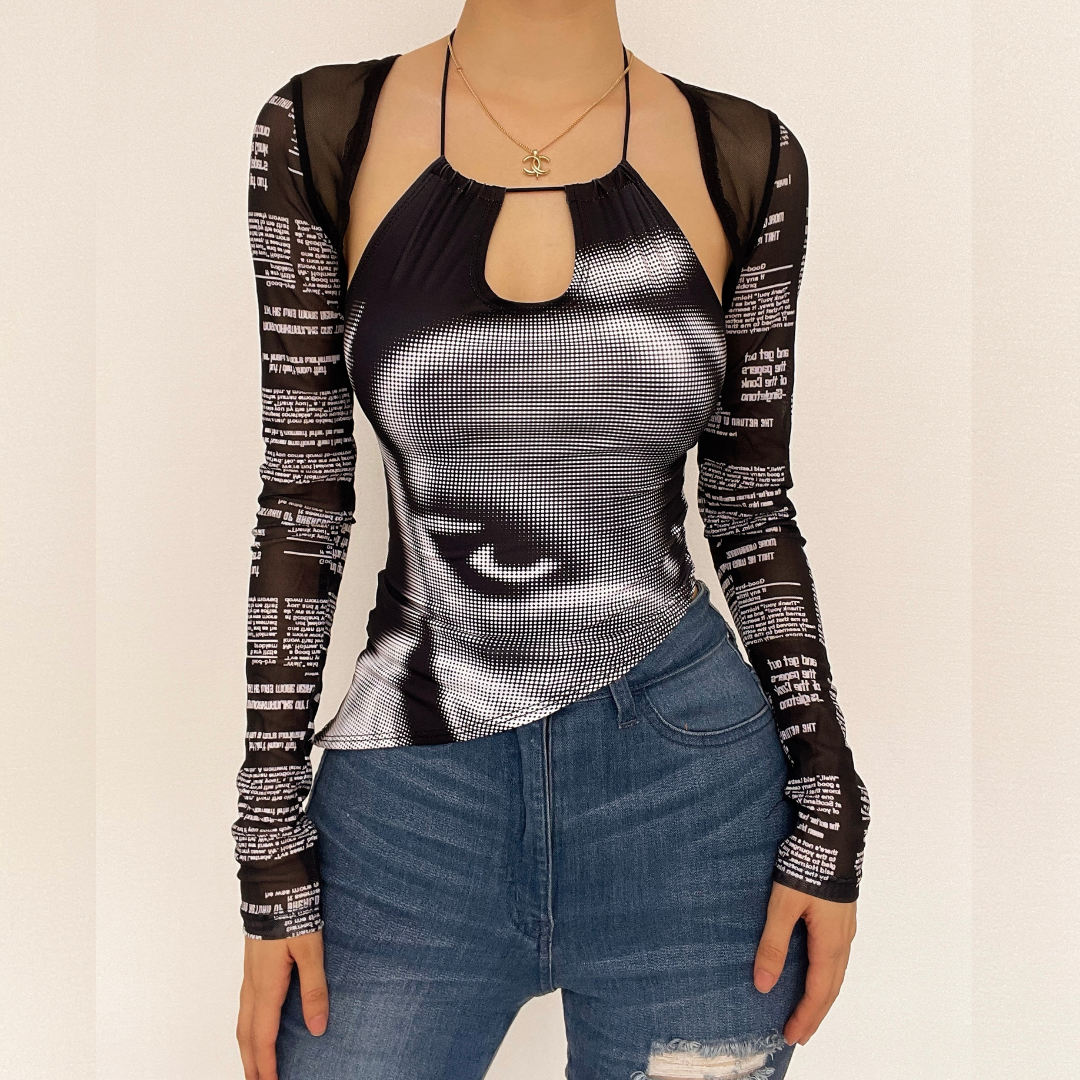 Irregular abstract long sleeve halter cami top 2 piece top