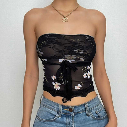 Sheer mesh lace self tie front floral print tube top