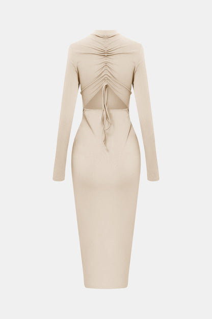 Zip Up Cutout Drawstring Detail Midi Bodycon Dress