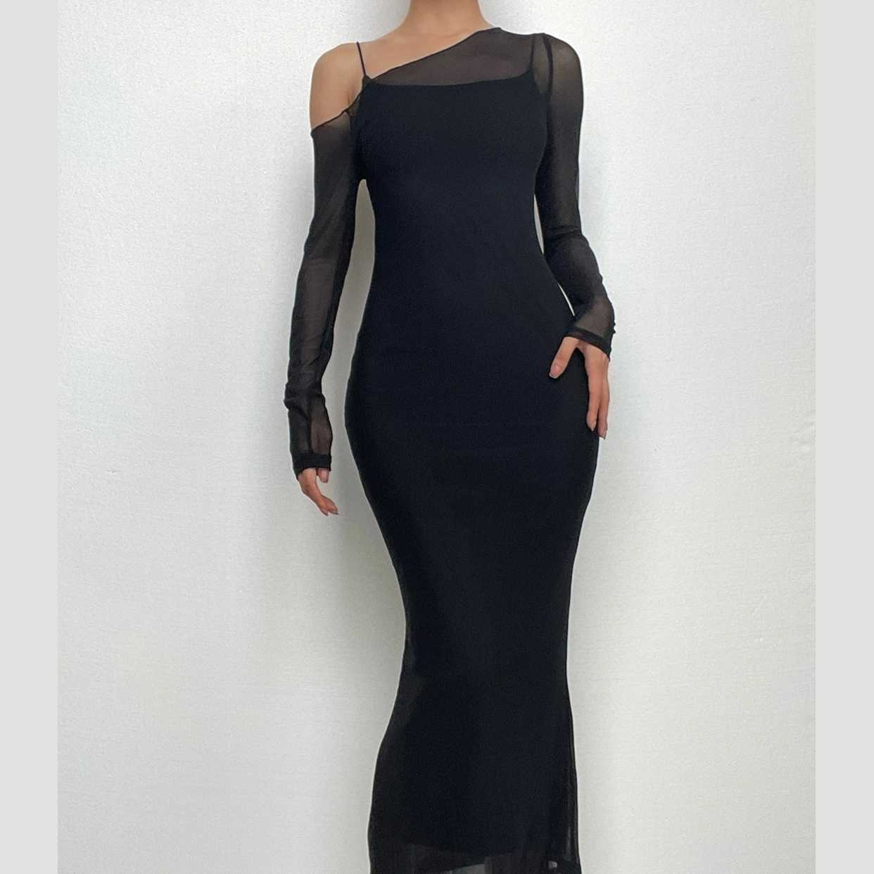 Long sleeve mesh off shoulder slit solid cami maxi dress