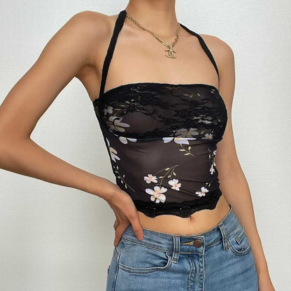 Sheer mesh lace self tie front floral print tube top