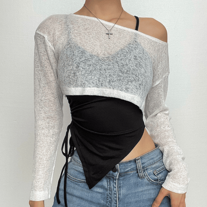 Drawstring long sleeve contrast 2 piece cami top