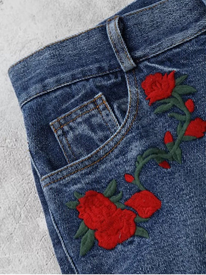 Trendy Cutoffs Rose Embroidered Denim Shorts