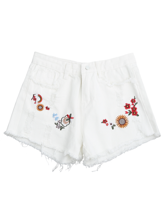 Trendy Embroidered Frayed Hem Ripped Denim Short