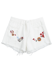 Trendy Embroidered Frayed Hem Ripped Denim Short