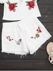 Trendy Embroidered Frayed Hem Ripped Denim Short
