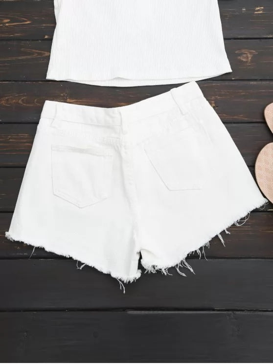 Trendy Embroidered Frayed Hem Ripped Denim Short