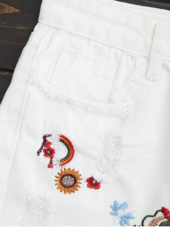 Trendy Embroidered Frayed Hem Ripped Denim Short