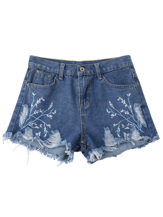 Trendy Embroidered Cutoffs Ripped Denim Shorts