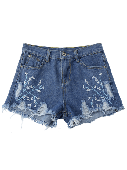 Trendy Embroidered Cutoffs Ripped Denim Shorts